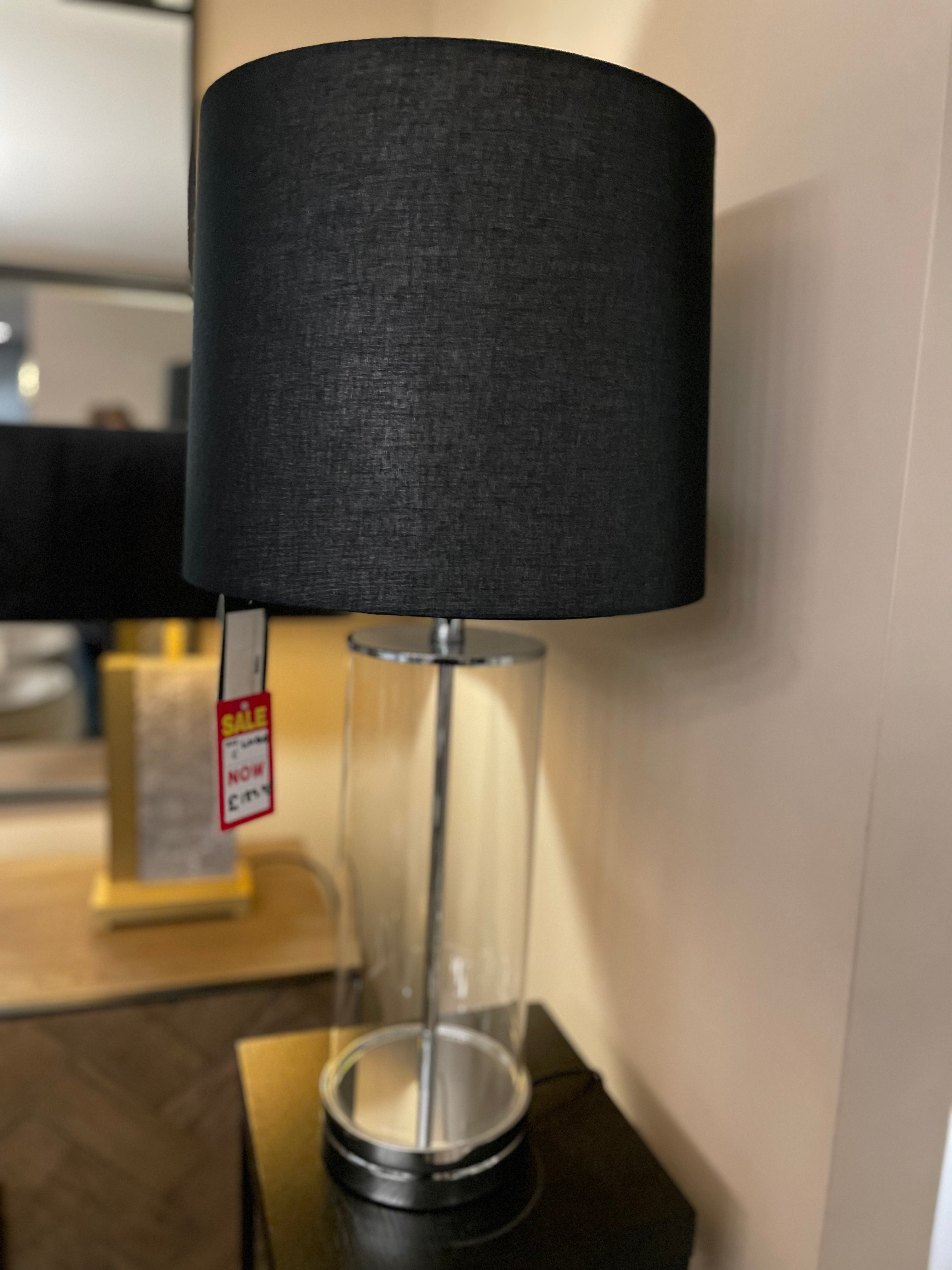 Ludo designer lamp with cylinder clear base and black shade-Renaissance Design Studio