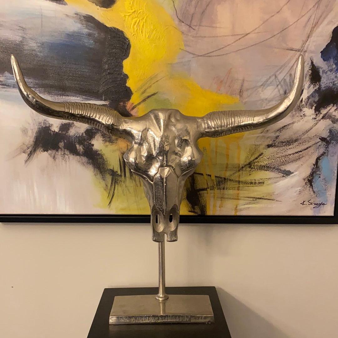 Manhattan Silver Bull skull on black stand-Renaissance Design Studio