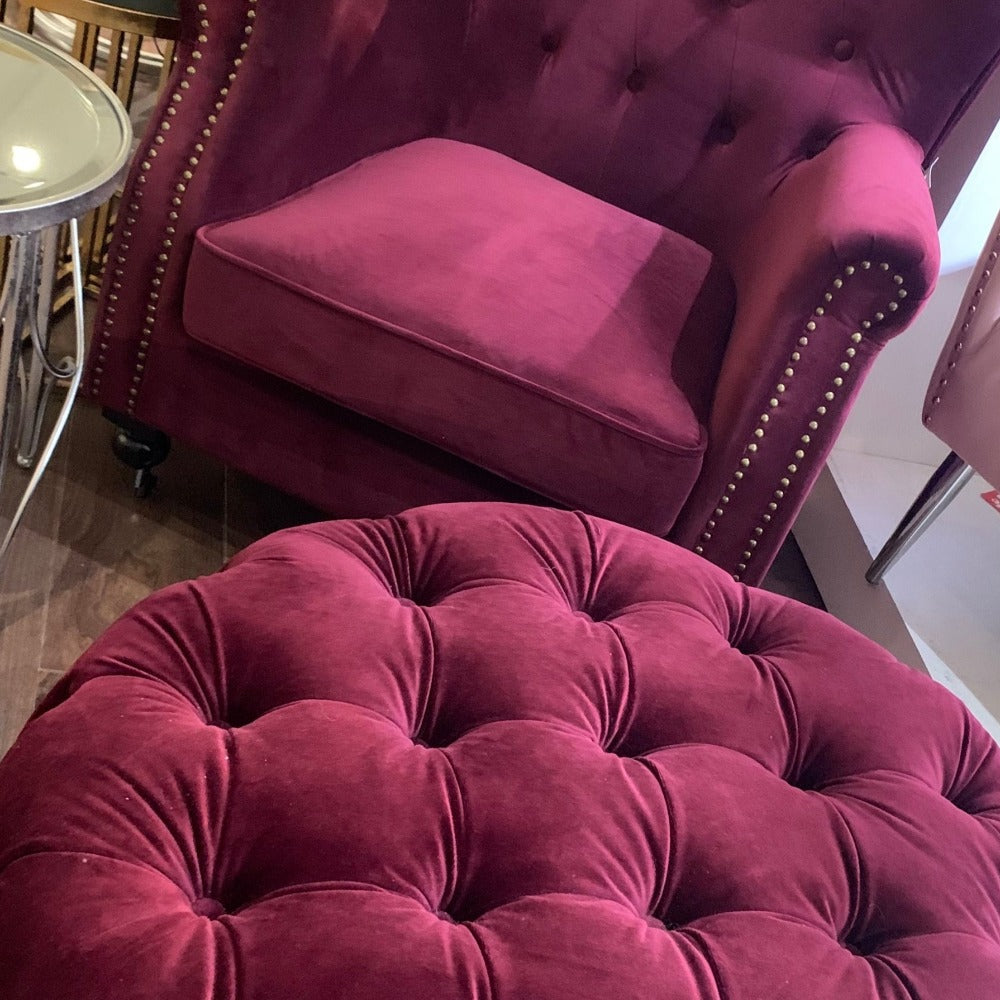 Marseilles D Queen Anne wingback chair and footstool in delicious Berry-Renaissance Design Studio