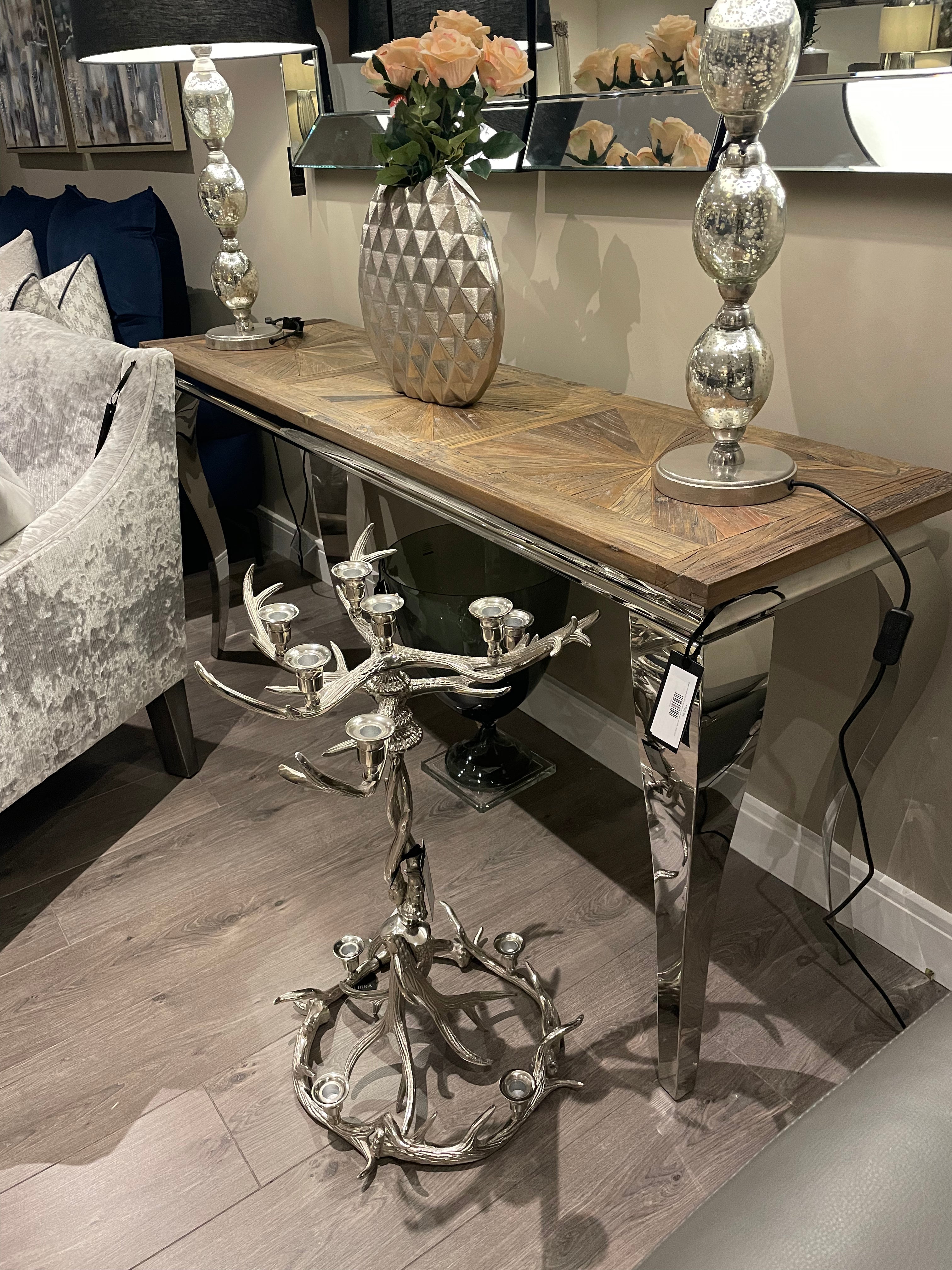 Mayfair reclaimed elm herringbone and stainless console table one only ! REDUCED out of box view Instore-Renaissance Design Studio
