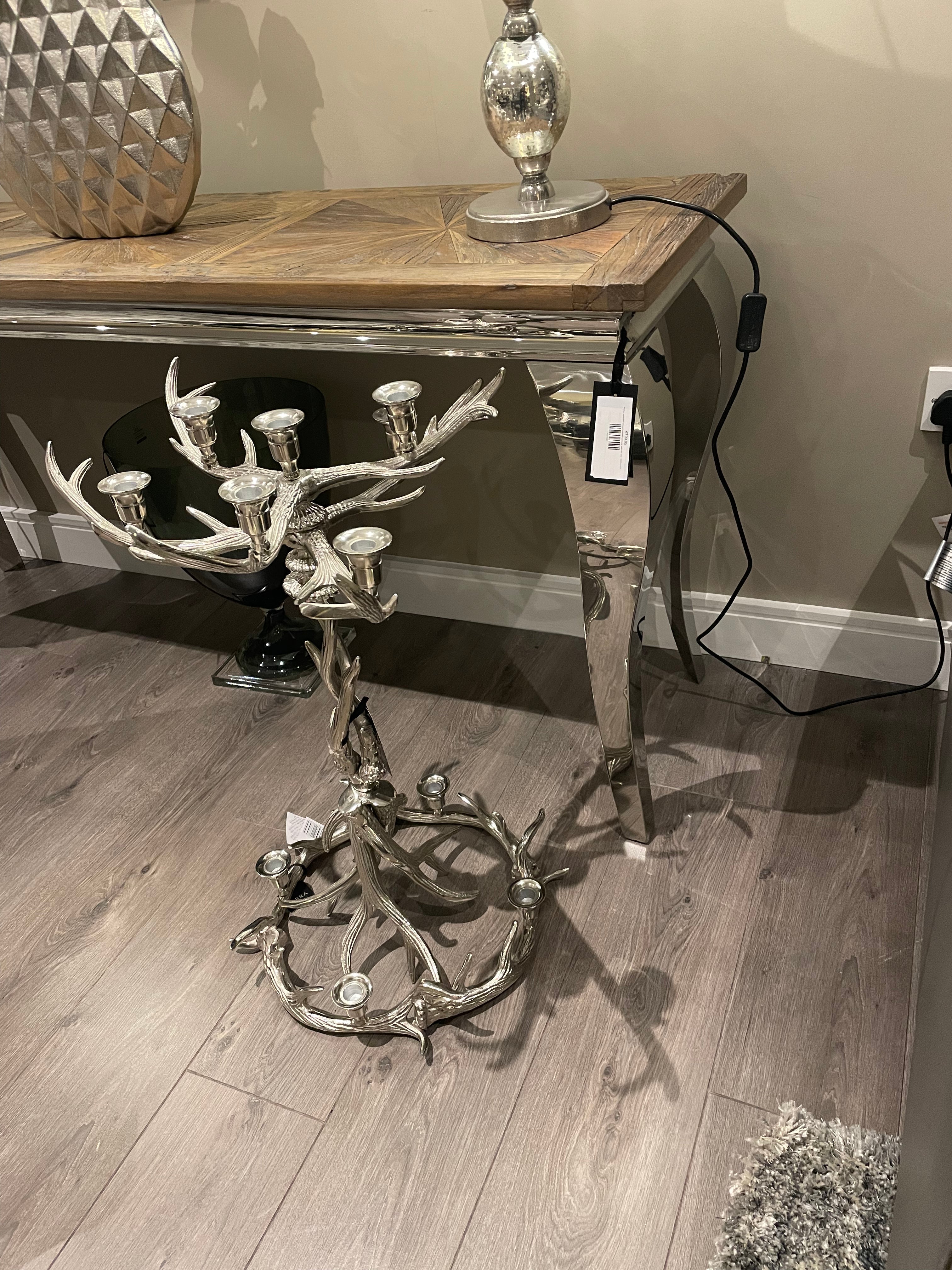 Mayfair reclaimed elm herringbone and stainless console table one only ! REDUCED out of box view Instore-Renaissance Design Studio