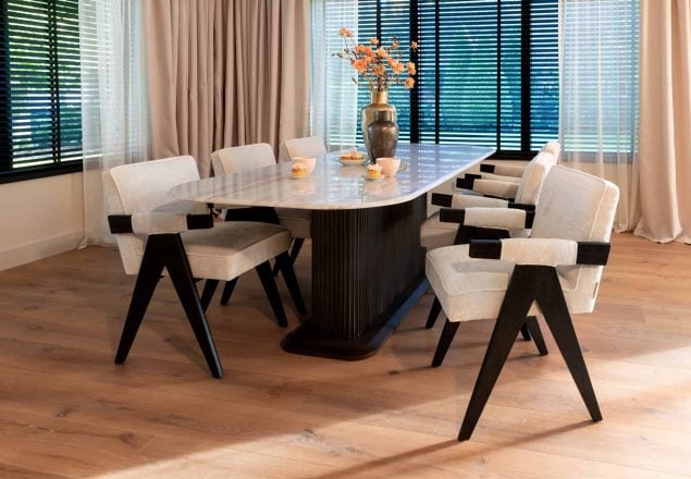 Meridian large Morchana marble dining table on stunning floating base-Renaissance Design Studio