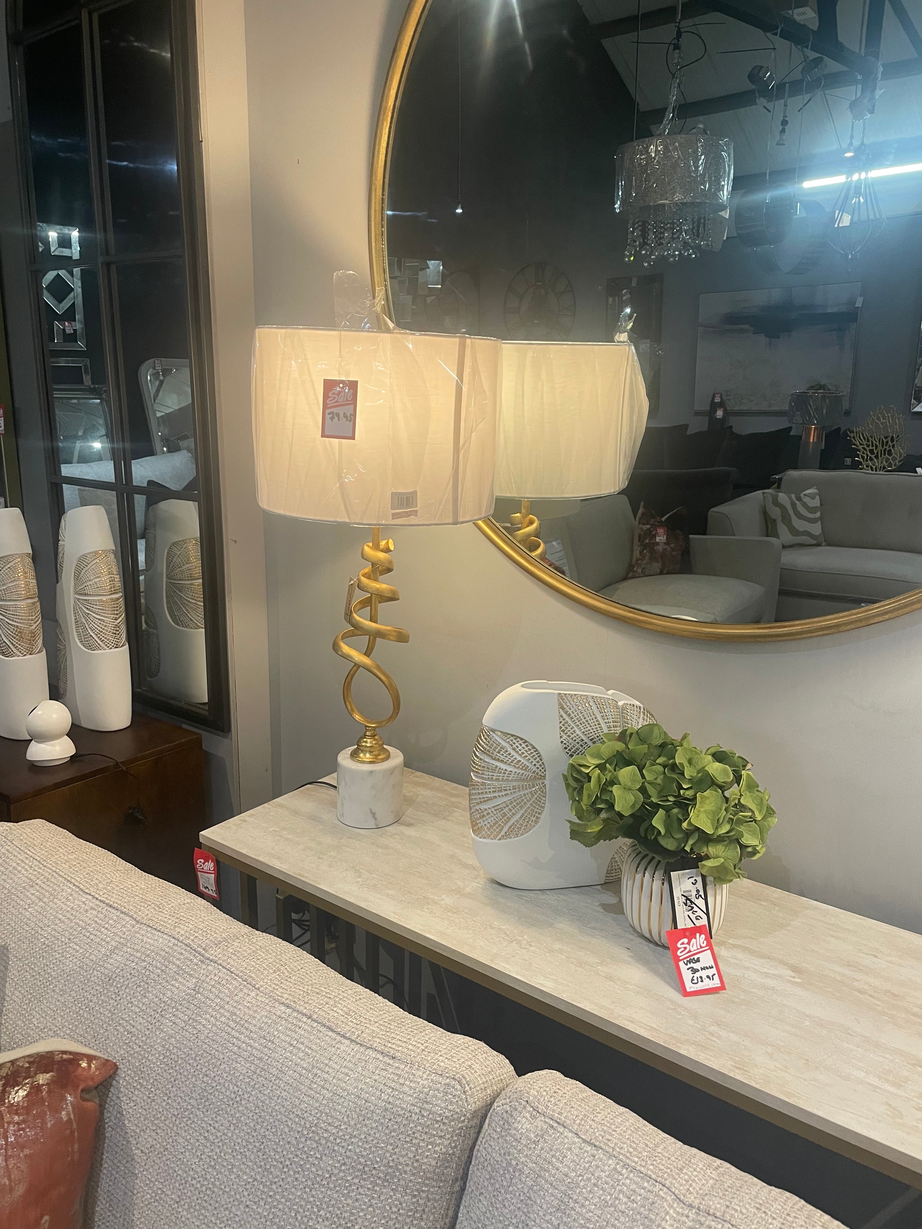 Mindy Gold and marble tall table lamp with white shade half price Sale Special-Renaissance Design Studio