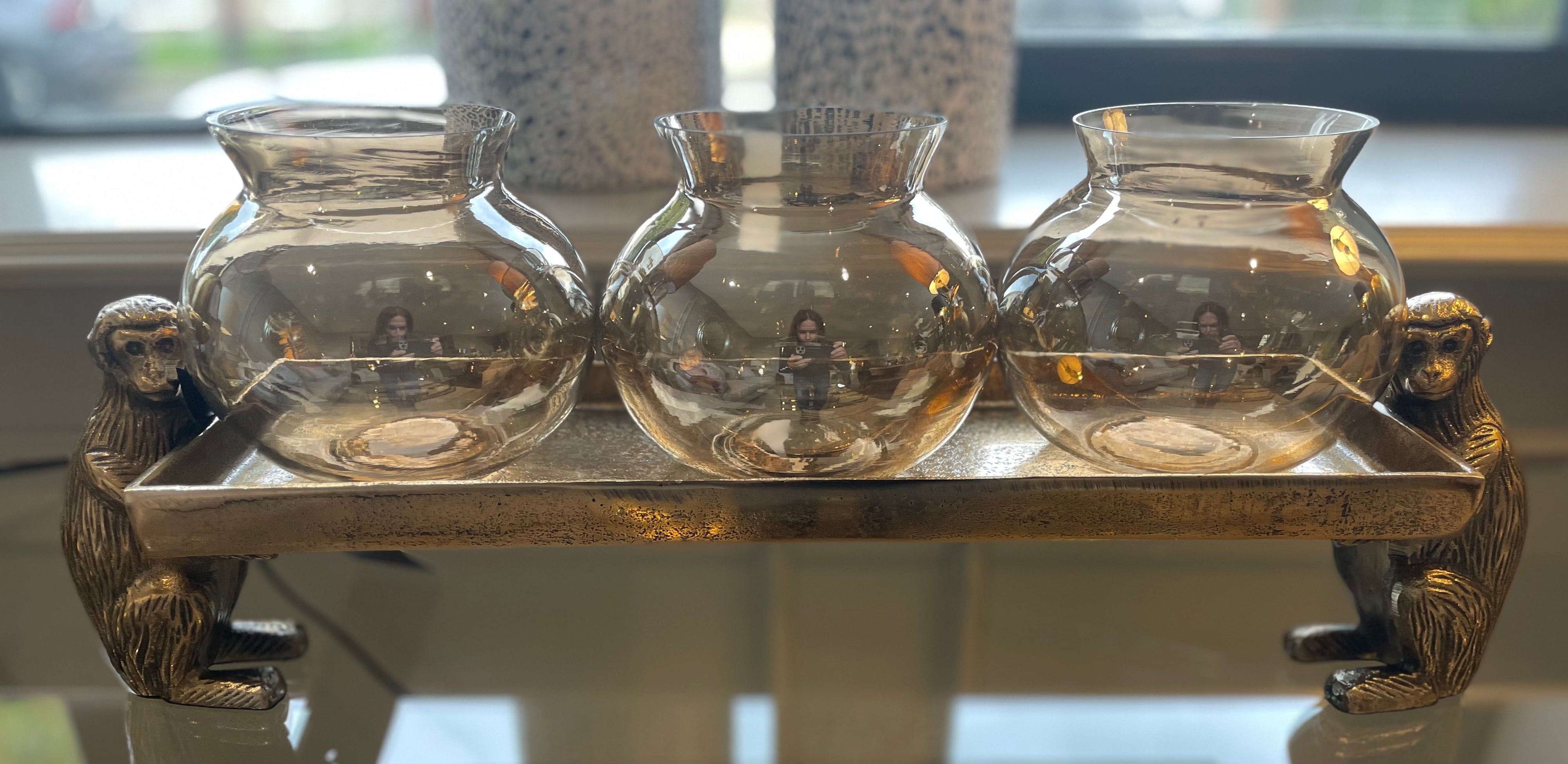 Monkey brass tray with 3 golden glass coloured tea light candle holders-Candle Holders-Renaissance Design Studio