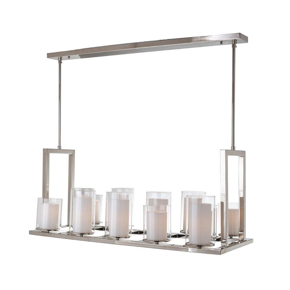 Naiela silver pendant lamp with 14 glass candlesticks, modern rectangular design.
