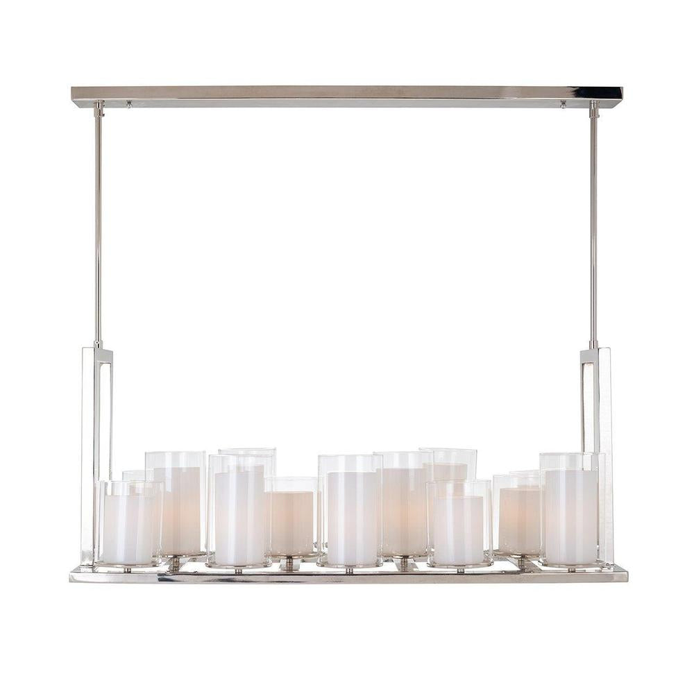 Naiela silver pendant lamp with 14 glass candle holders, modern rectangular design.