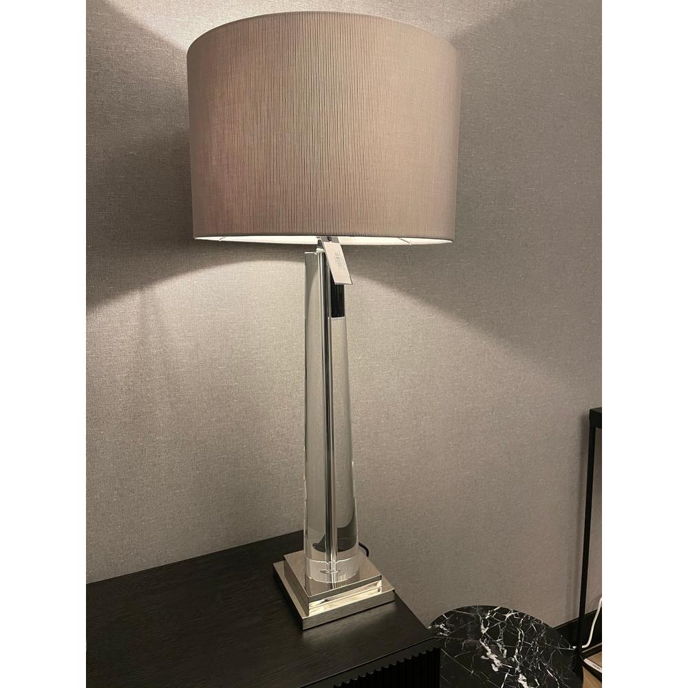 Eichholtz Oasis XL glass table lamp with a clear crystal base, nickel stem, and albin grey pleated shade.