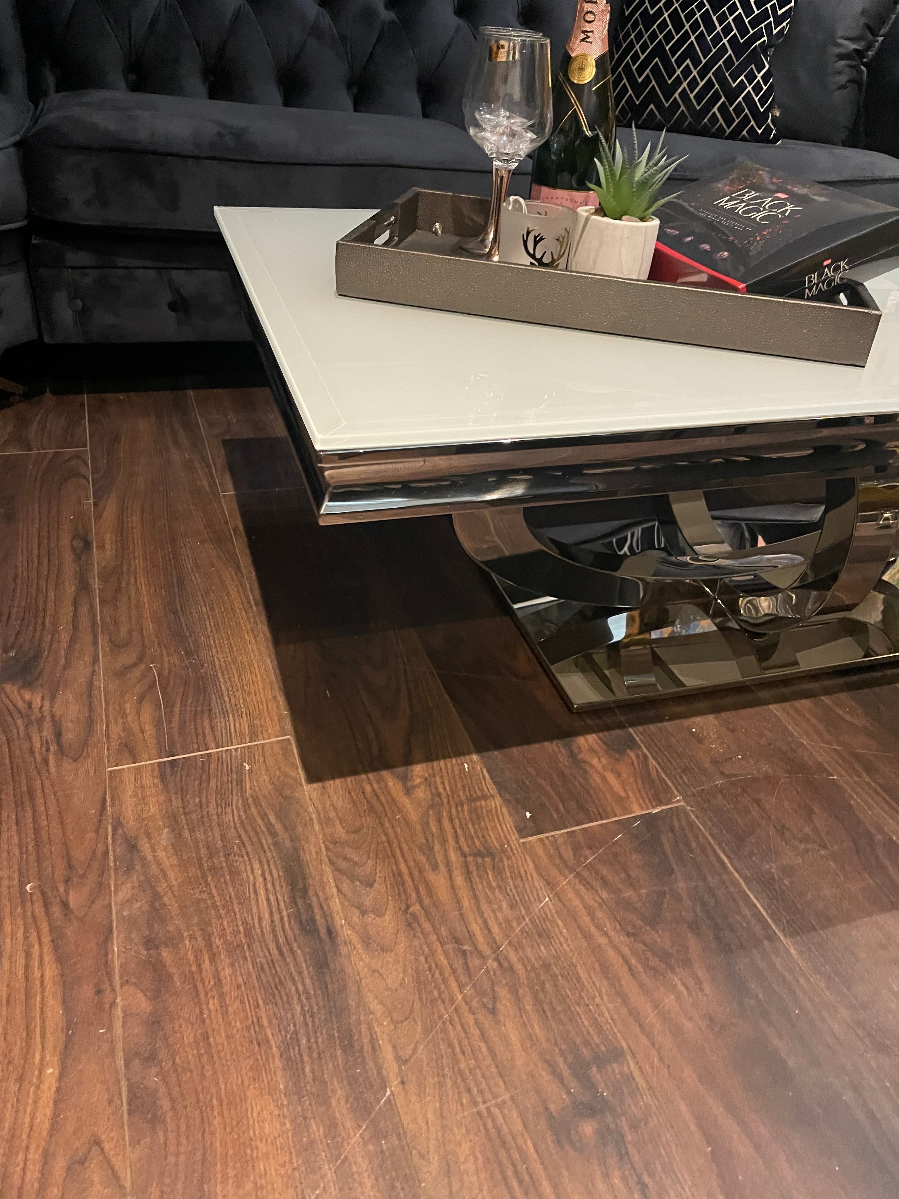 Orion white coffee table with fabulous chrome base clearance reduced Instore only-Renaissance Design Studio