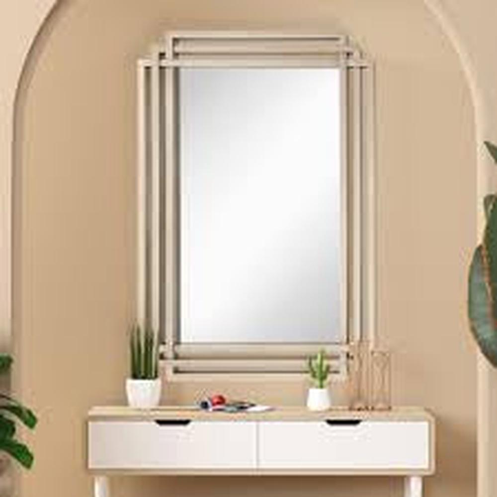 Oswin Triple Framed Mirror by RV ASTLEY, champagne silver leaf, rectangular with layered geometric frame.