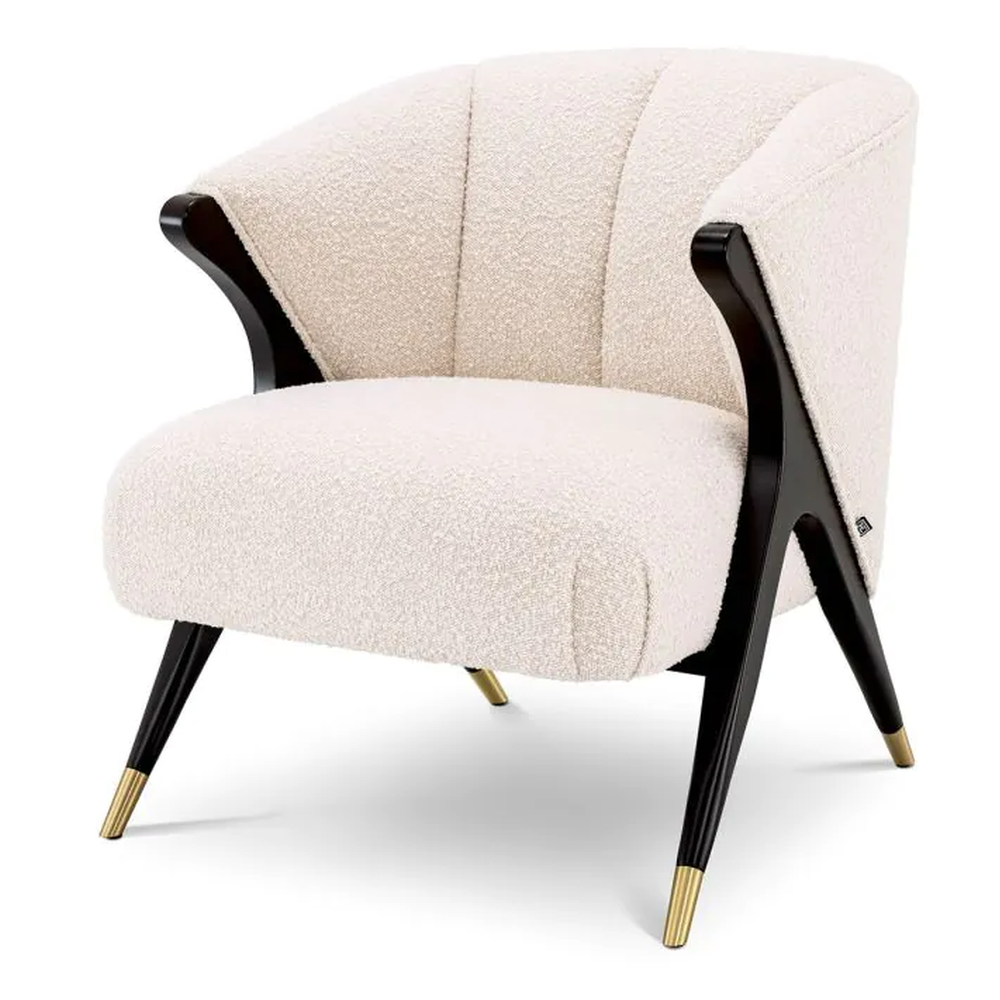 Pavone Occasional Armchair by Eichholtz, off-white bouclé fabric, black wooden frame, brass finish legs.