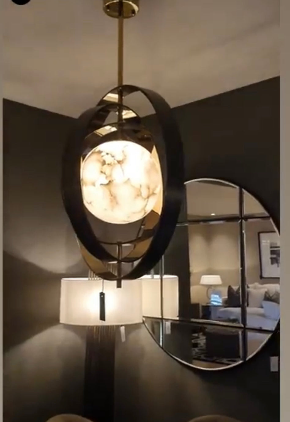 Pearl and alabaster and brass pendant chandelier by Eichholtz reduced price-Chandelier-Renaissance Design Studio