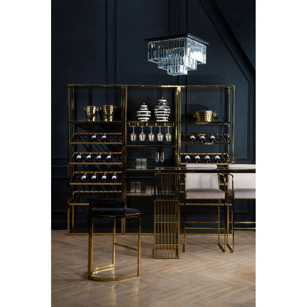Piermont black velvet stool with gold frame-Renaissance Design Studio