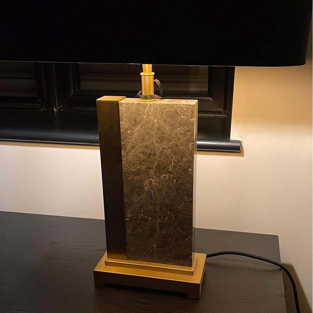 Pietro Marble Table Lamp with rectangular grey marble base, antique brass frame, and black lampshade.