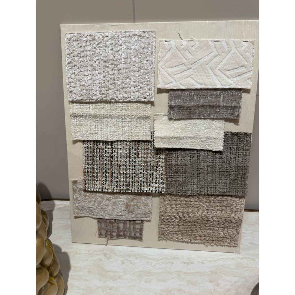 Fabric swatches in various textures and neutral tones, including white bouclé, beige, and brown.