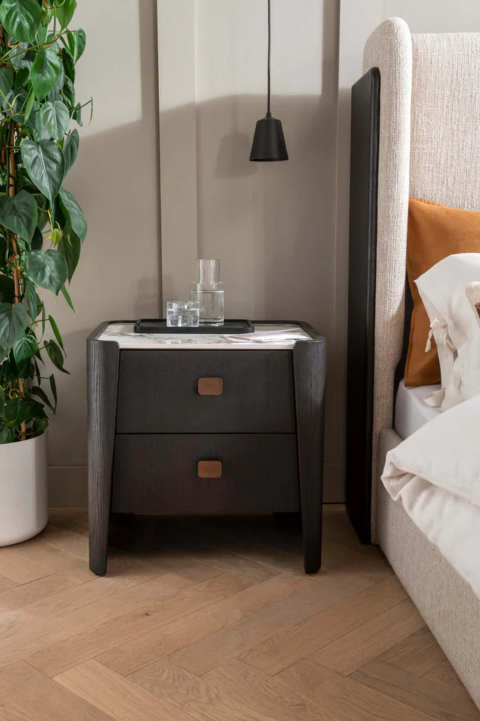Rhona Designer Bedside locker with marble top-as seen on Shauna Kelly-Renaissance Design Studio
