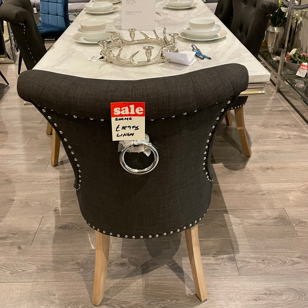 Rocha dining chairs with knocker in charcoal linen reduced set of 8