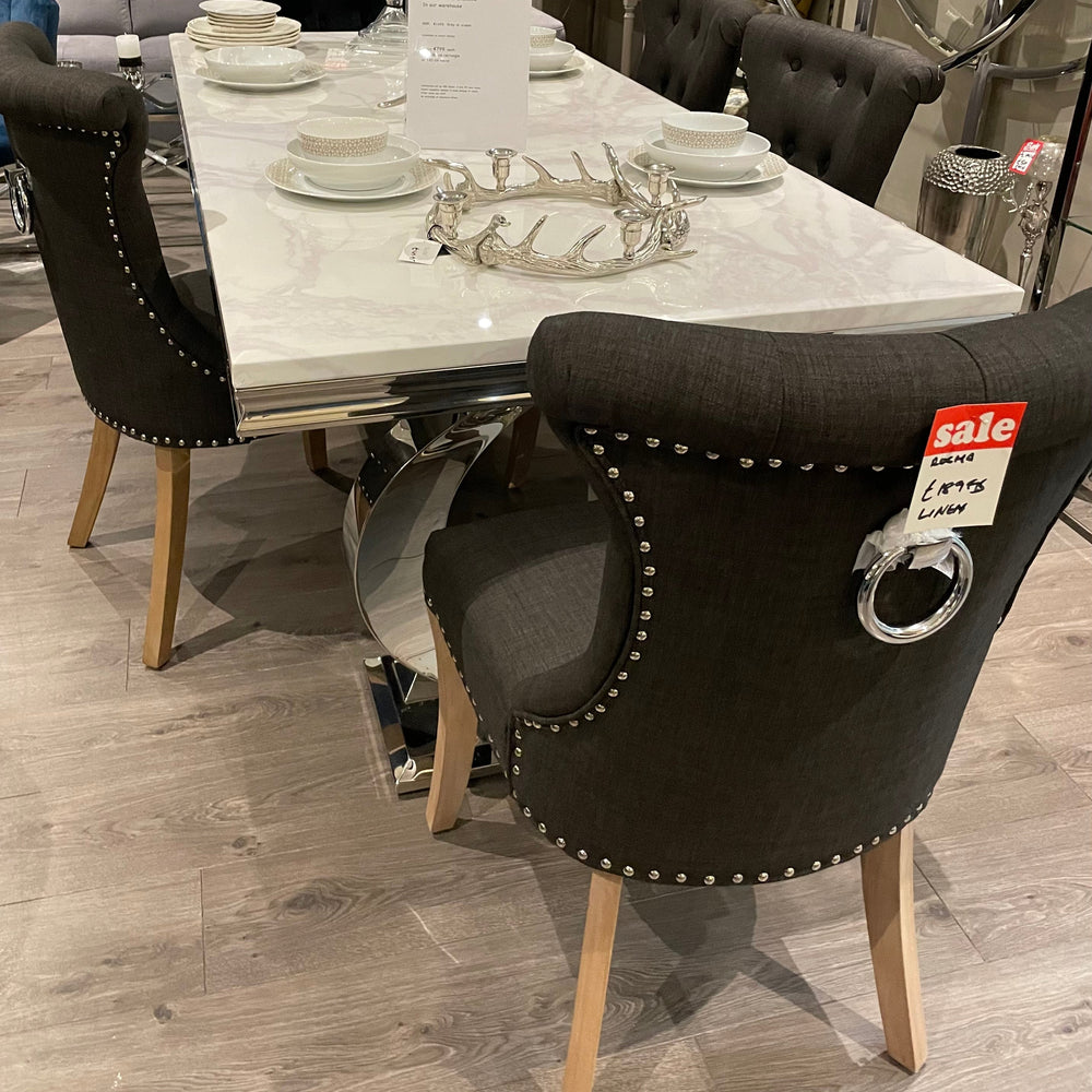Rocha dining chairs with knocker in charcoal linen reduced set of 8