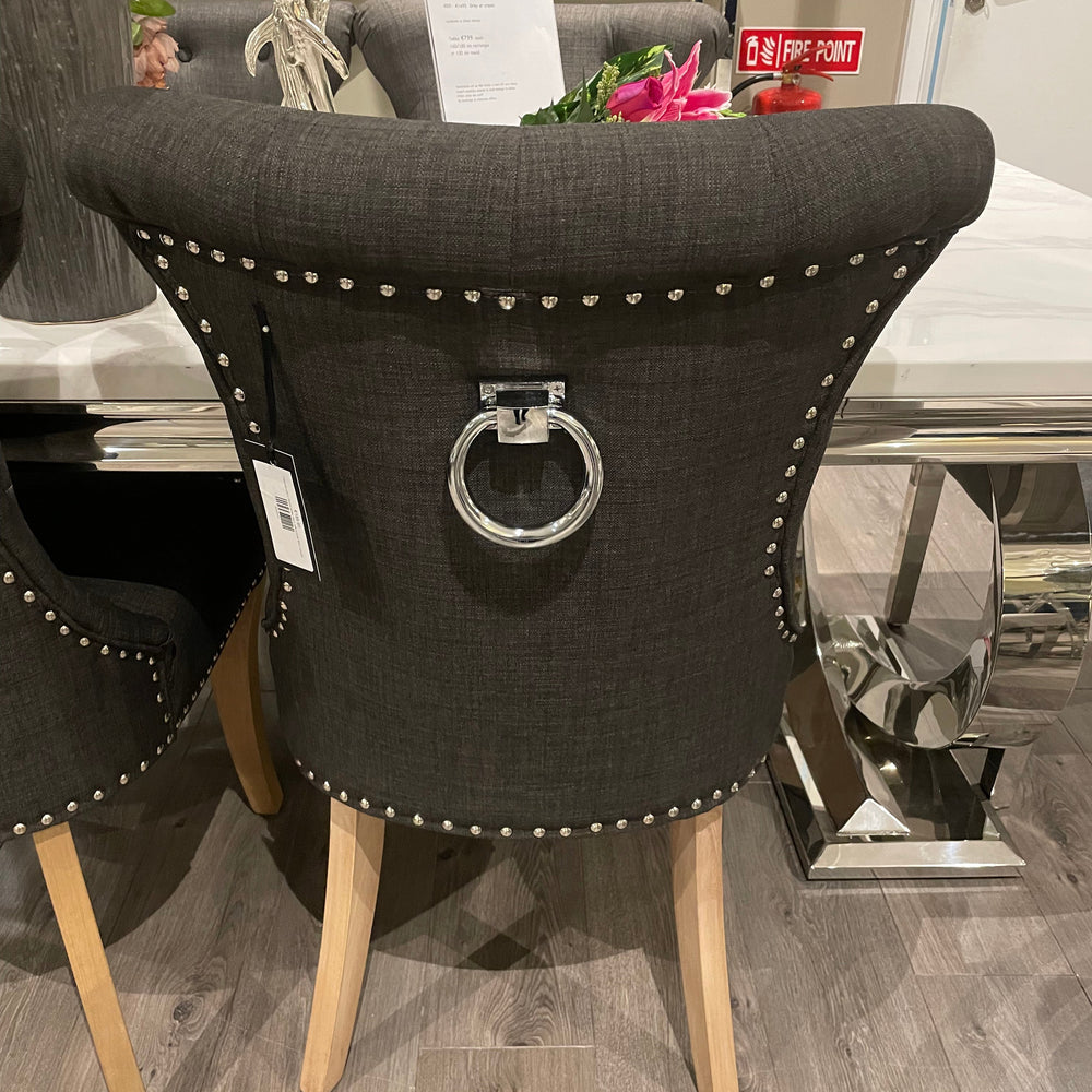 Rocha dining chairs with knocker in charcoal linen reduced set of 8