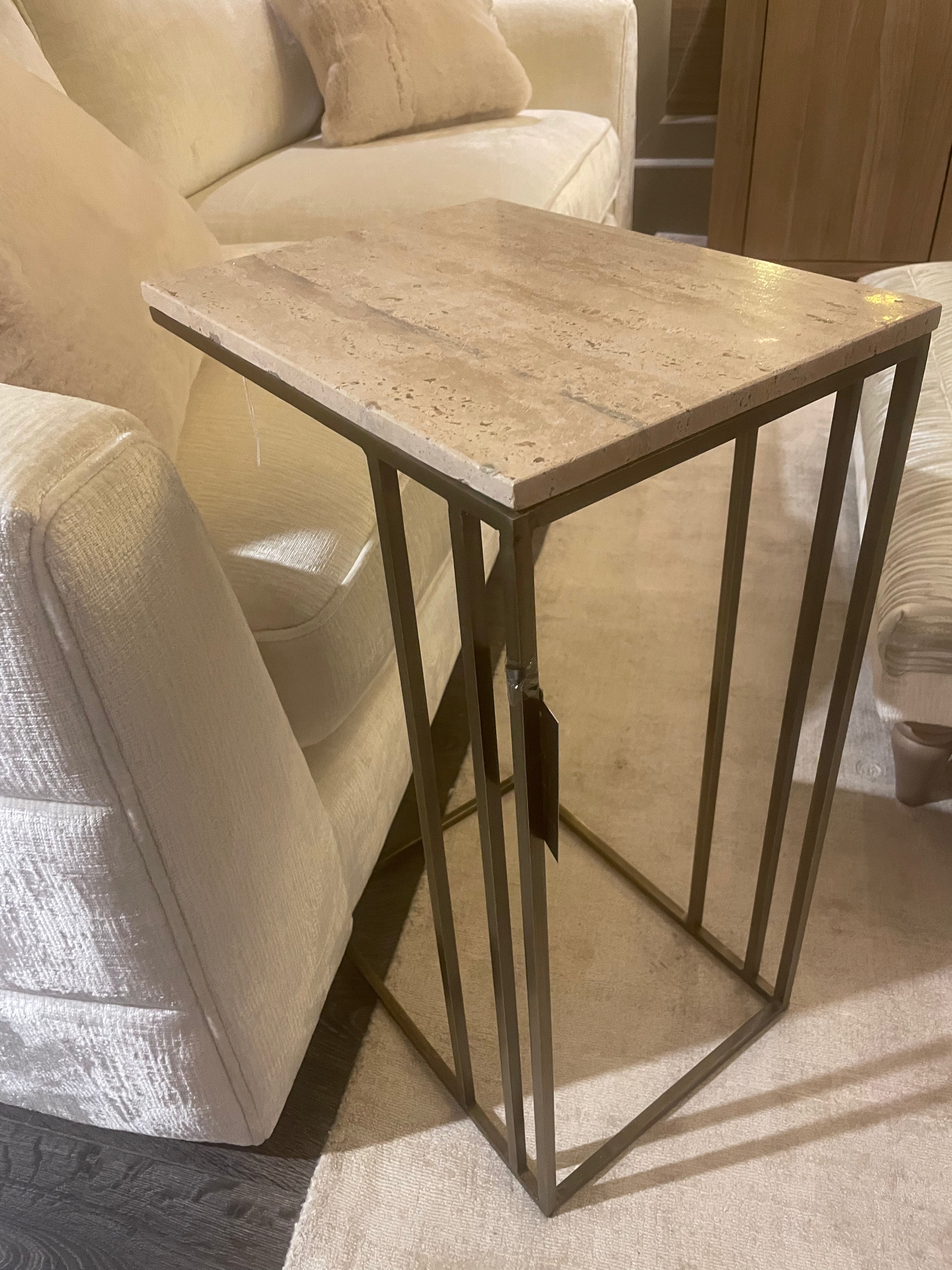 Roisin Sofa side table with travertine top on antiqued bronze base-sofa table-Renaissance Design Studio