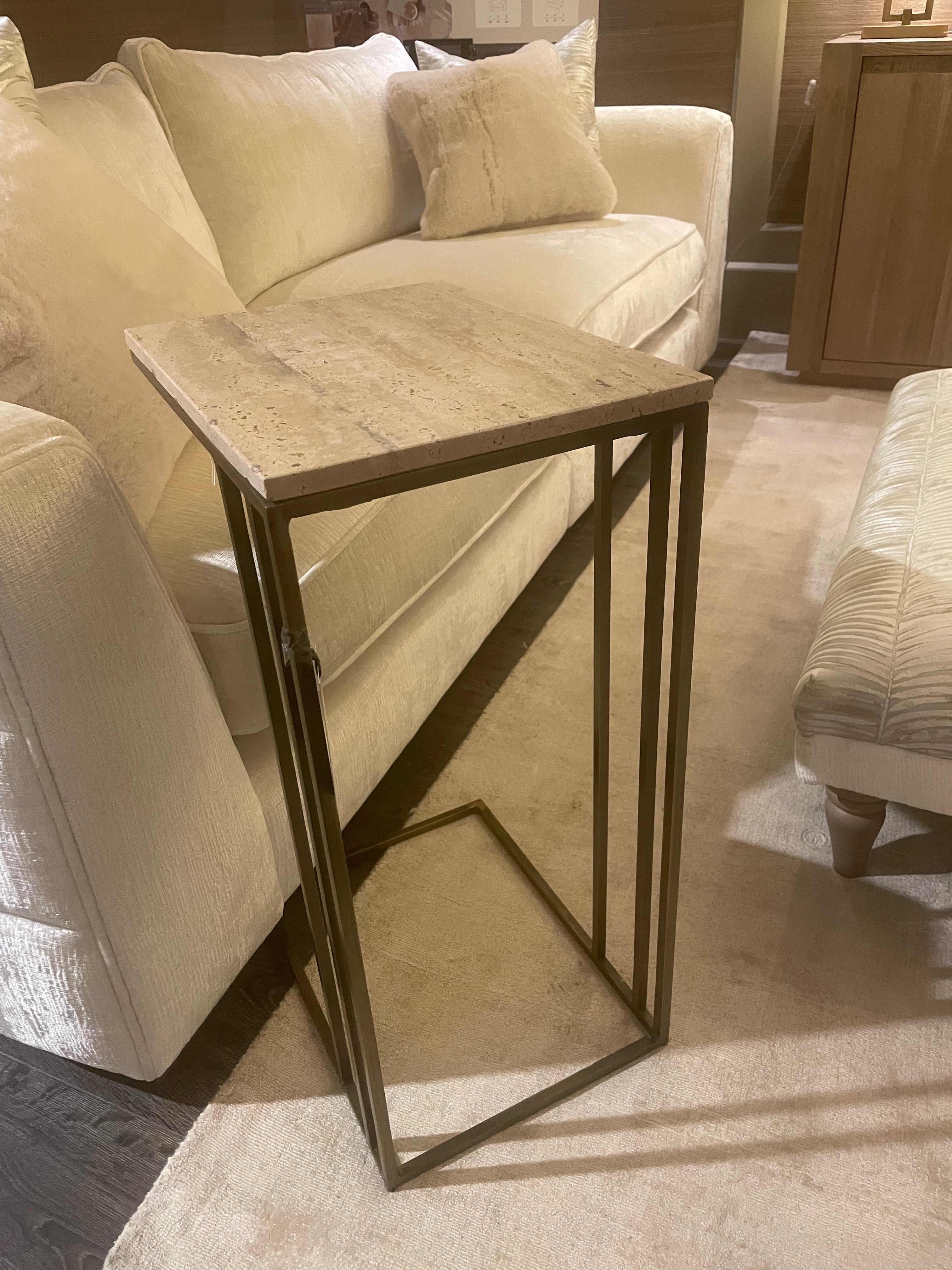 Roisin Sofa side table with travertine top on antiqued bronze base-sofa table-Renaissance Design Studio