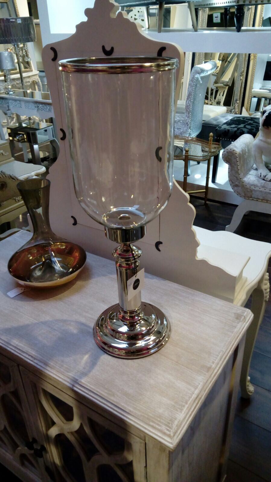 Rushford glass and nickel tall stemmed hurricane candle holder-Renaissance Design Studio