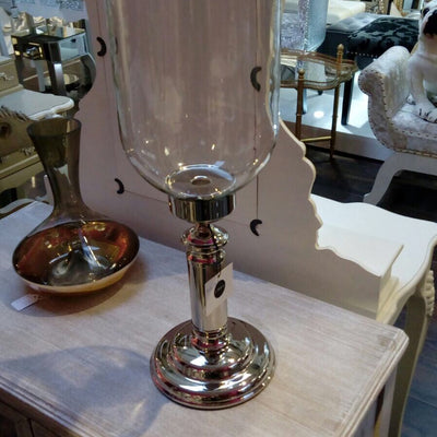 Rushford glass and nickel tall stemmed hurricane candle holder