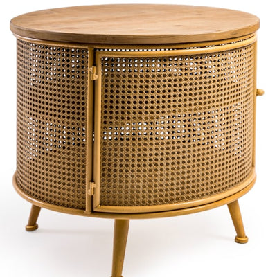 RUSTIC METAL RATTAN AND WOOD ROUND CABINET