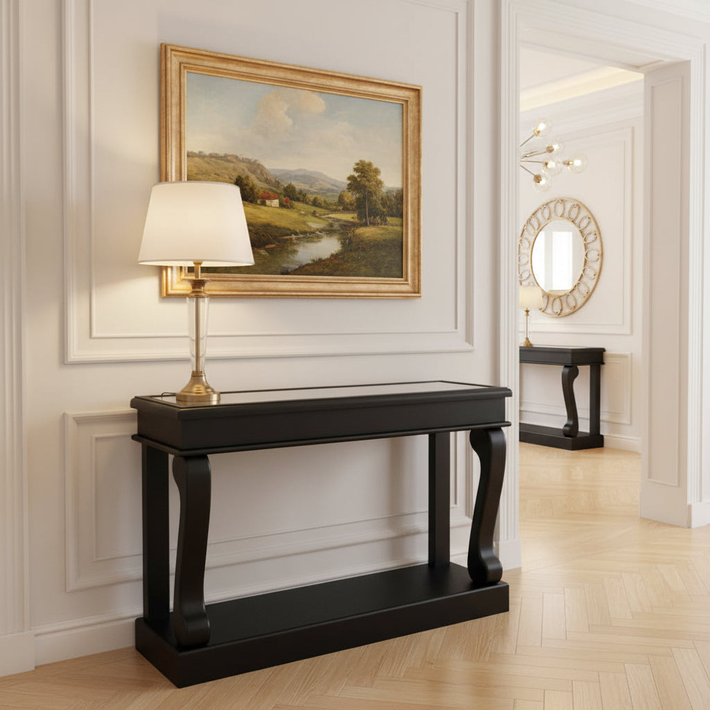 Samuel Savoy Scroll Black Console Table - Antique Glass Mirror 120cm-Renaissance Design Studio