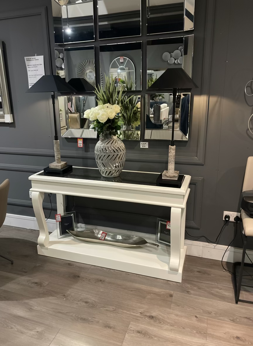 Samuel Savoy Scroll Console Table with Antiqued Mirror Top 140 cm-Renaissance Design Studio