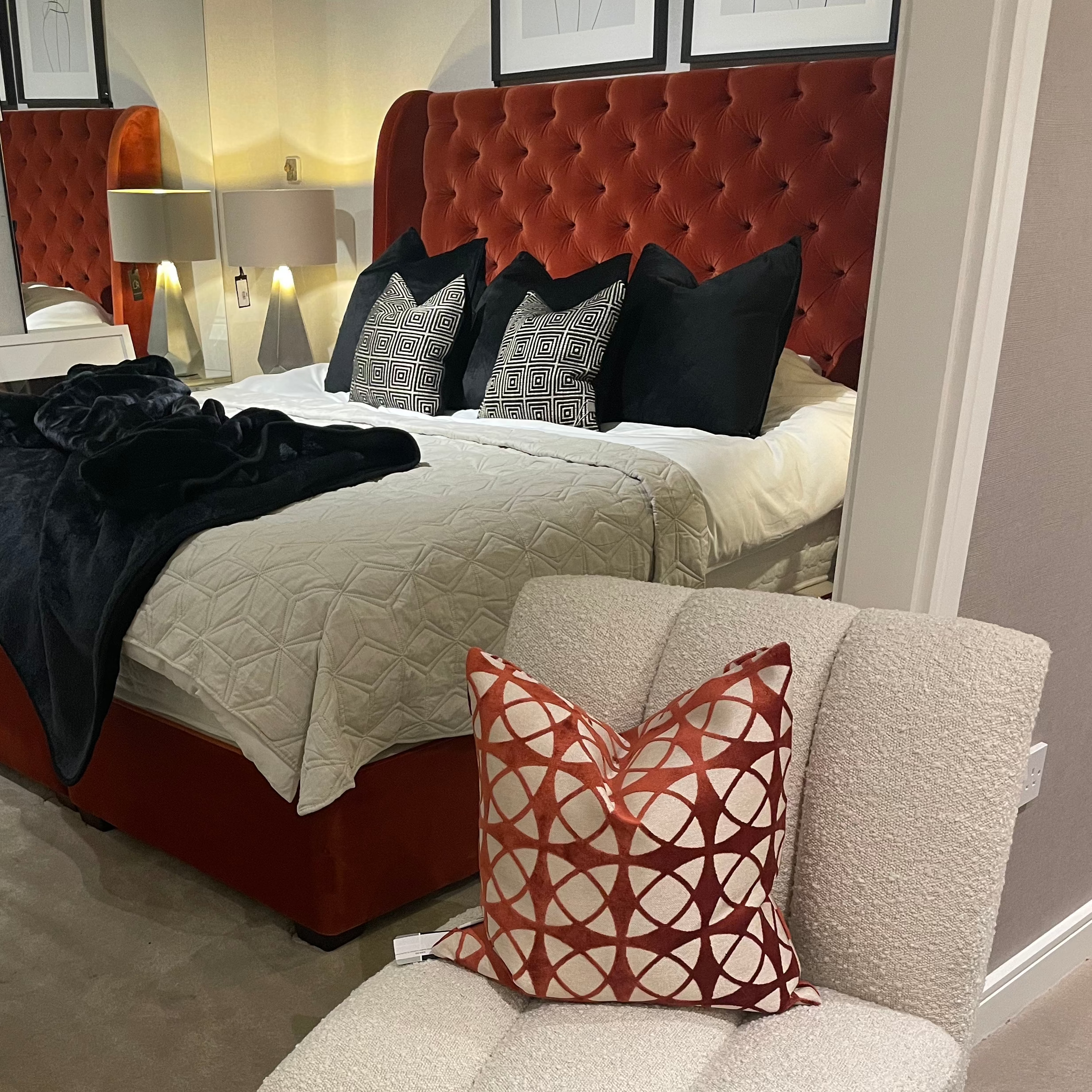 Serafina custom made bed 6 ft superking special reduction in burnt orange-Renaissance Design Studio
