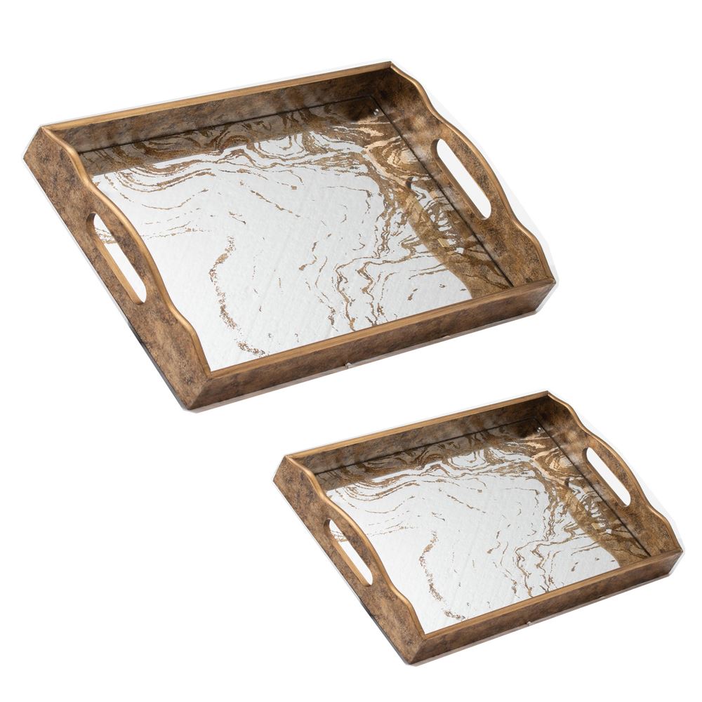 SET OF 2 Angel marbled Mirrored Trays with gold trim-Renaissance Design Studio
