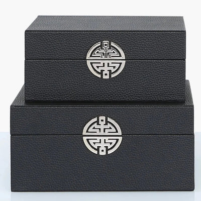 Set of 2 black faux leather jewellery boxes w silver