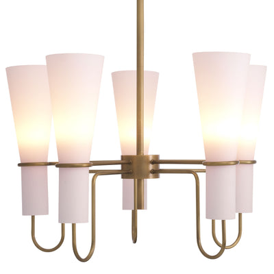 Sketch antique brass and white glass chandelier by Eichholtz