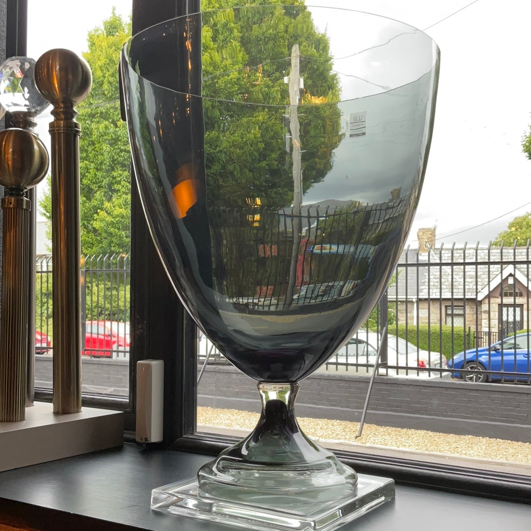 Smoked Glass Round Vase on Base-Renaissance Design Studio