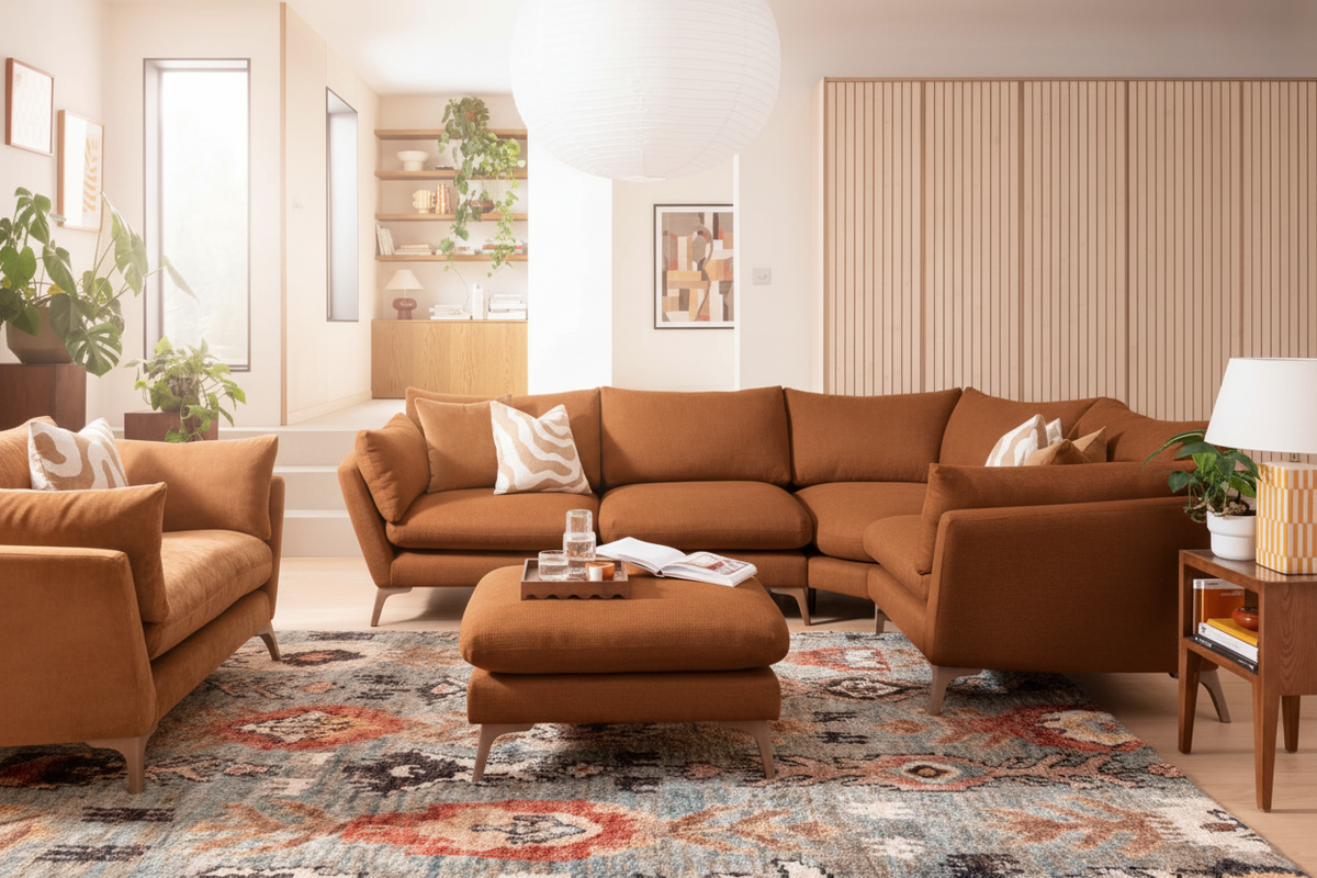 Sofa Elton by Whitemeadow featuring diagonal corner in Apricot One only ex showroom SAVE over 30% by whitemeadow