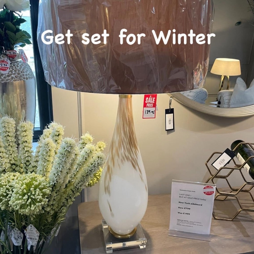 Tall Table Lamp Solna 2 tone White With Glass Base Gold metal plinth with shade-Renaissance Design Studio