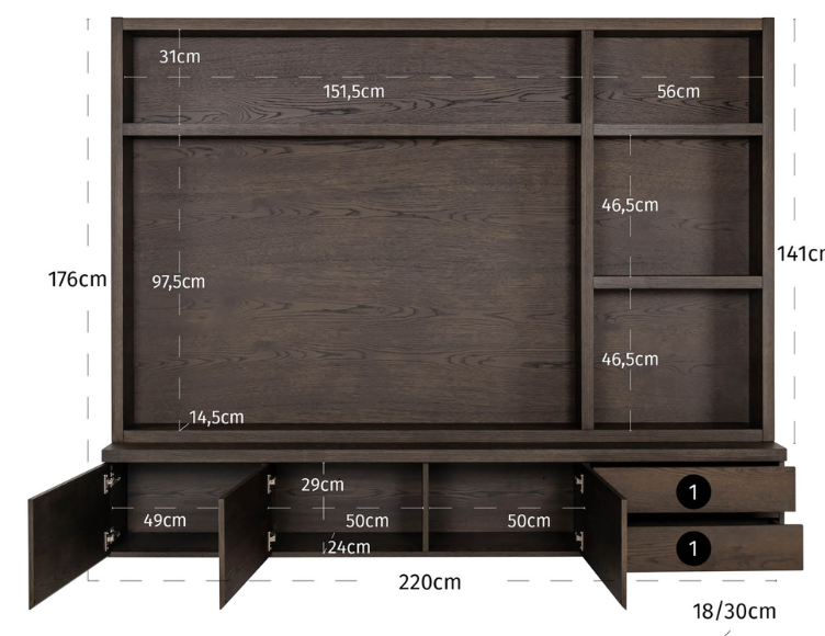 TV Media wall cabinet Lachance brown 3-doors 2-drawers-Media Unit-Renaissance Design Studio
