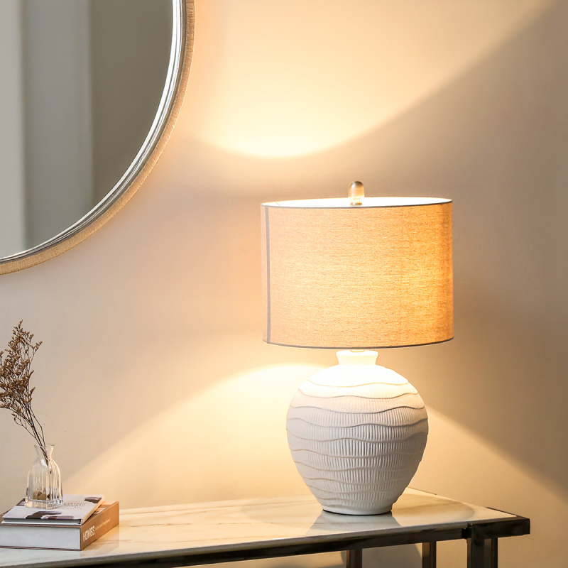 White Ceramic Table lamp with Oat linen shade-Renaissance Design Studio