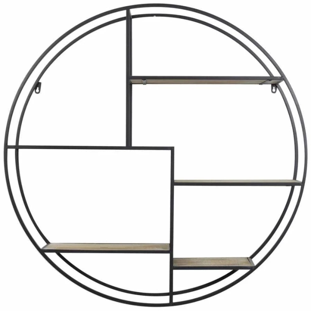 Wood and Black Metal Wall Unit reduced to clear-round display shelf-Renaissance Design Studio