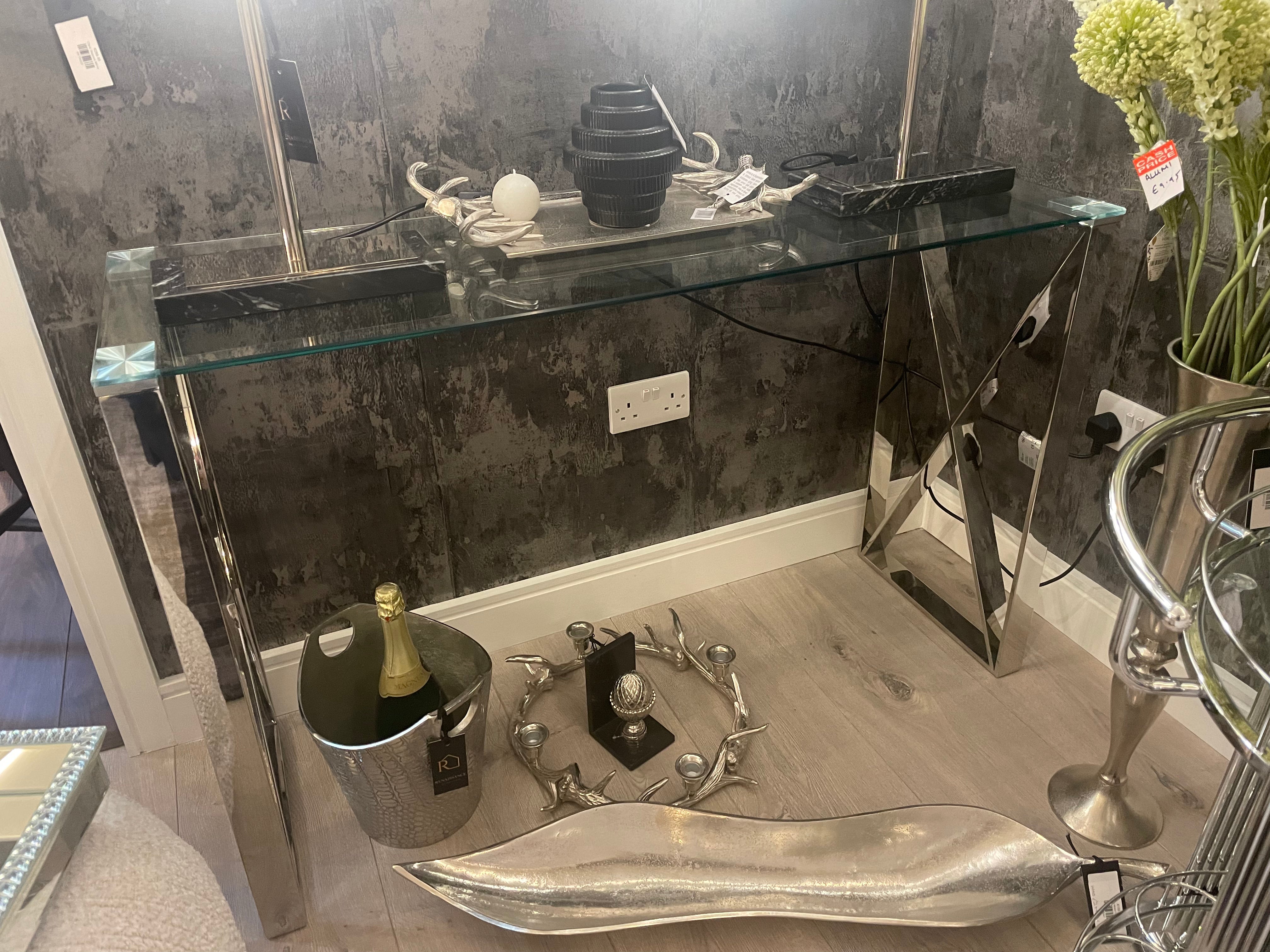 Zanzibar Zen chrome and glass console table reduced-Renaissance Design Studio