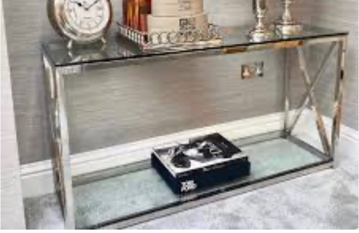 Zanzibar Zen chrome and glass console table reduced-Console Table-Renaissance Design Studio