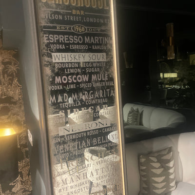 Mirrored Sign Glasshouse Cocktail Menu 117x41cm. Fabulous !