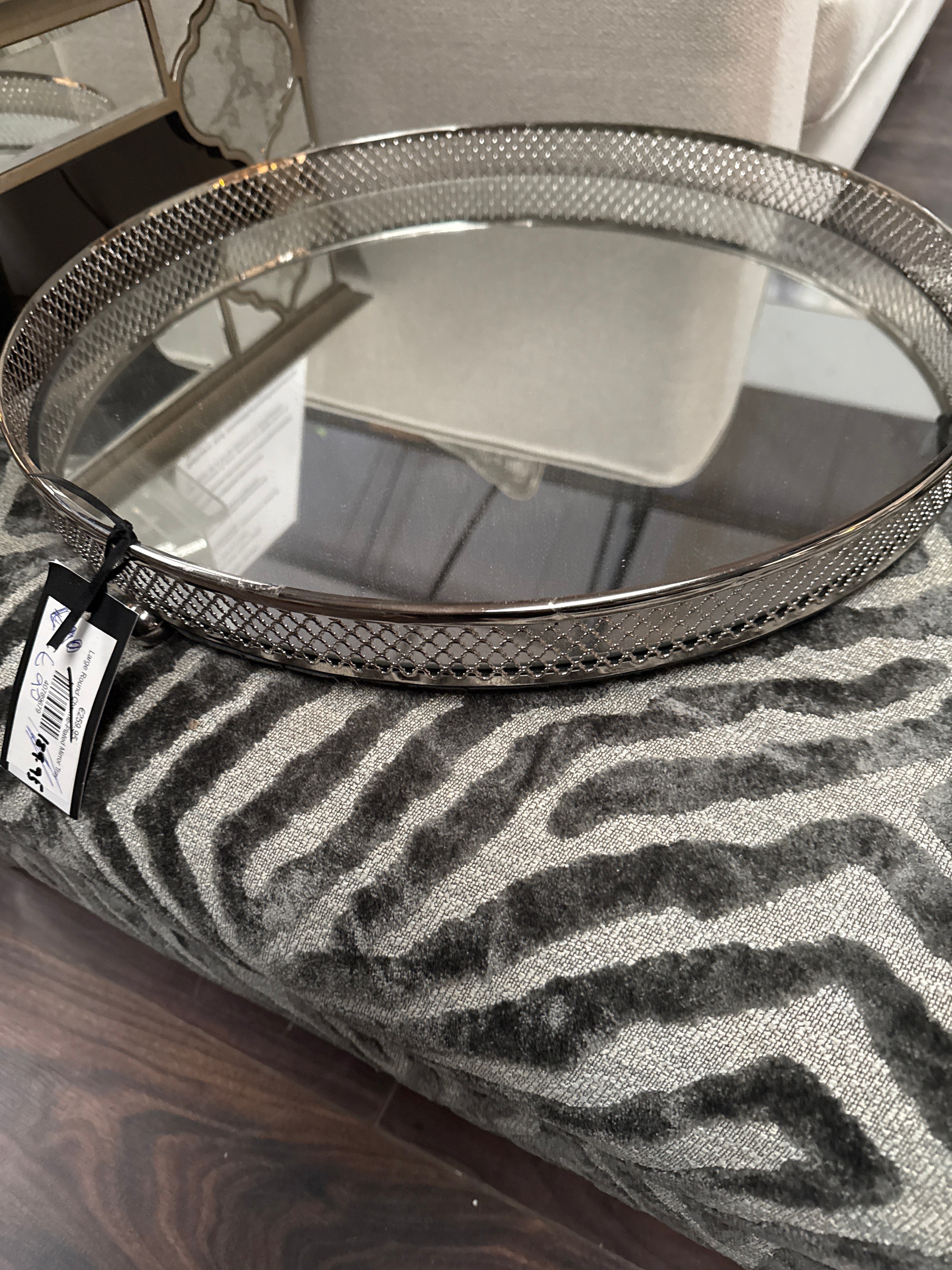 Clarins extra Large Round Nickel Plated Mirror Tray reduced less than half price ex showroom