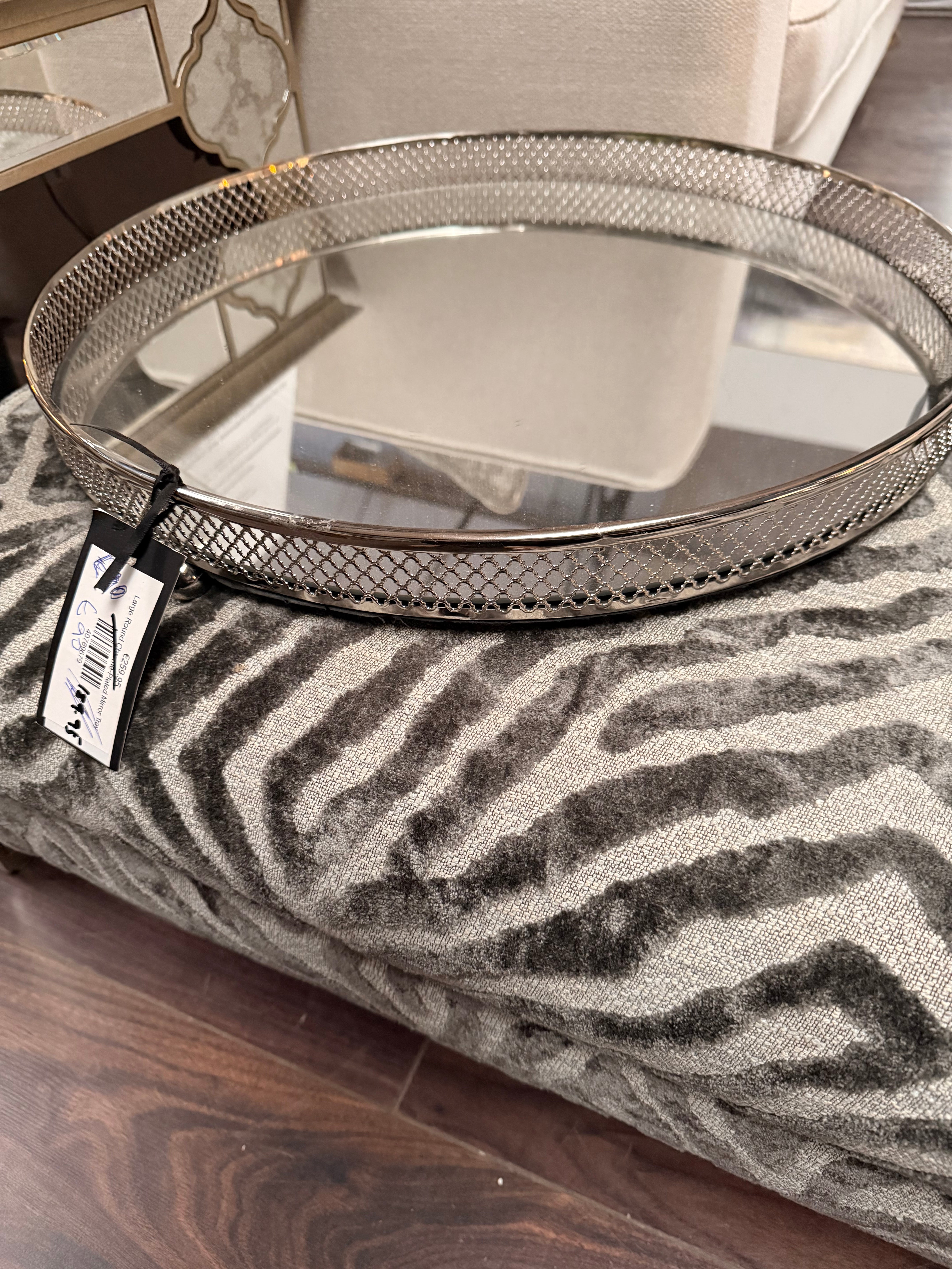 Clarins extra Large Round Nickel Plated Mirror Tray reduced less than half price ex showroom