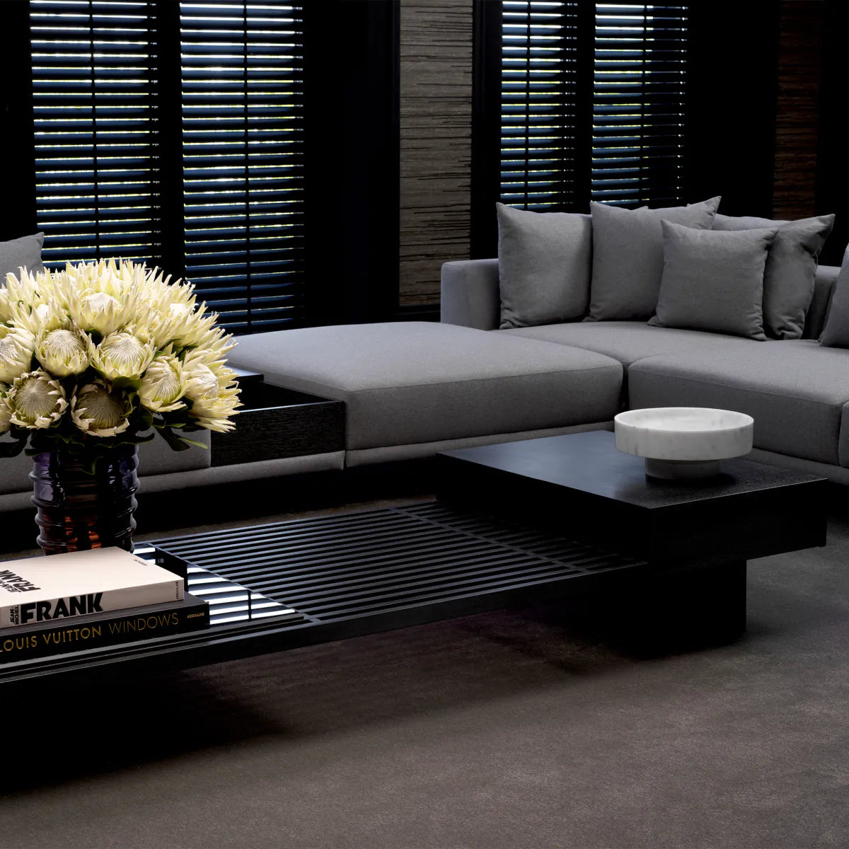 Coffee Table The Crest Charcoal grey oak veneer smoke glass by Eichholtz