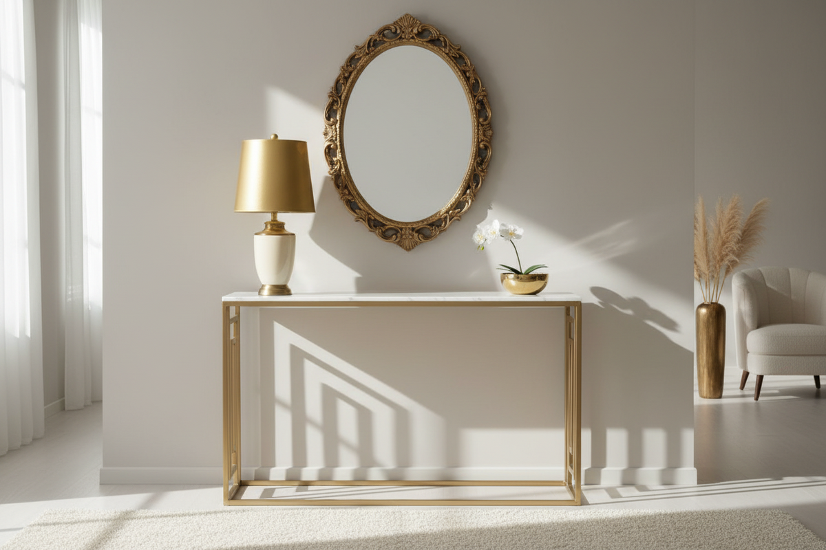 Dillon D Console Table – Gold & Cream Marble Look - Reduced collect or pay postage