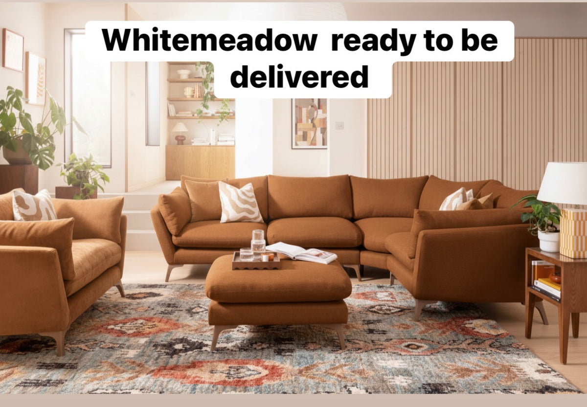 Sofa Elton by Whitemeadow featuring diagonal corner in Apricot One only ex showroom SAVE over 30% by whitemeadow