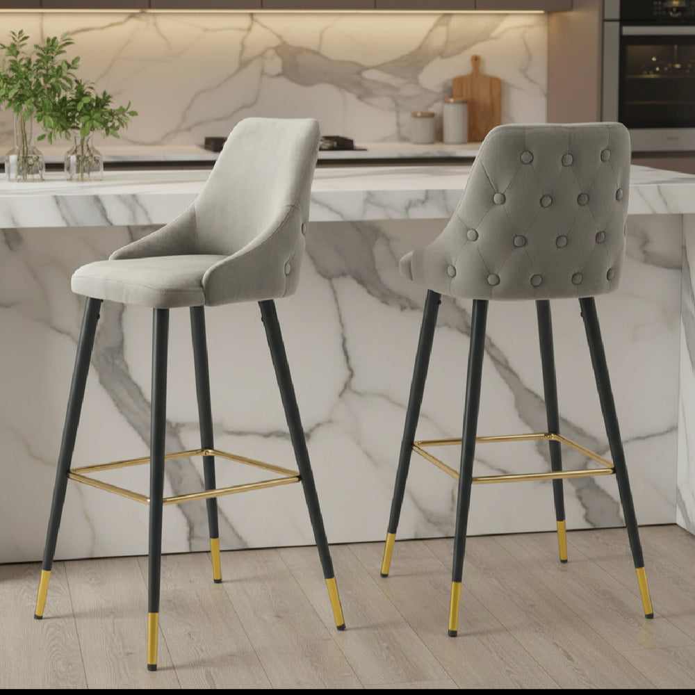 Avanza  bar stool with gold cap  in grey and navy .Now up to 50% off  in our outlet store !  T&C apply.