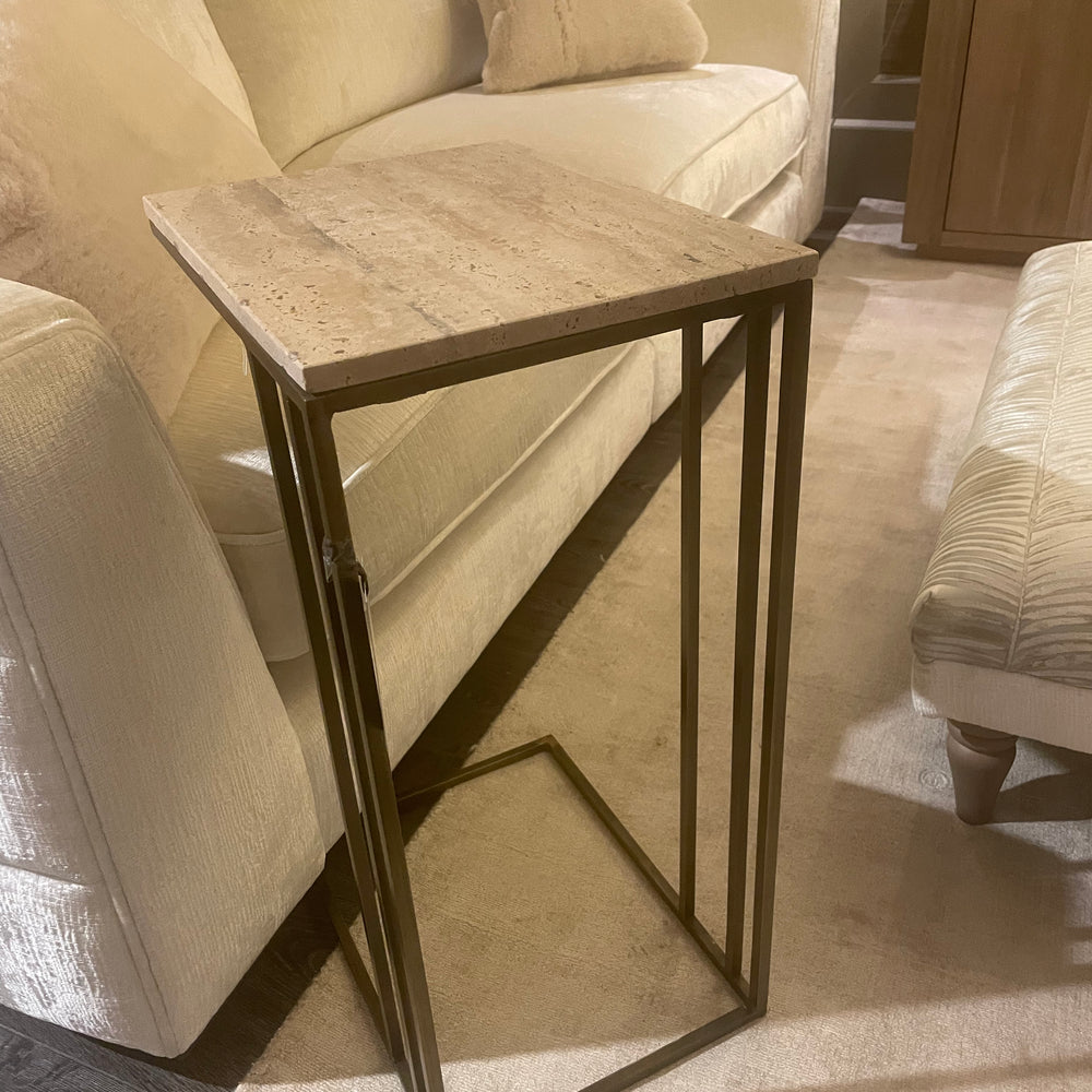 Roisin  Sofa  side table with travertine top on antiqued bronze  base