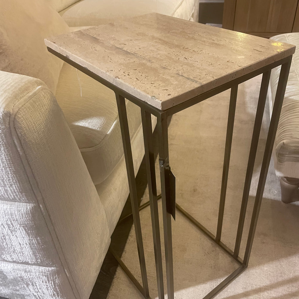 Roisin  Sofa  side table with travertine top on antiqued bronze  base